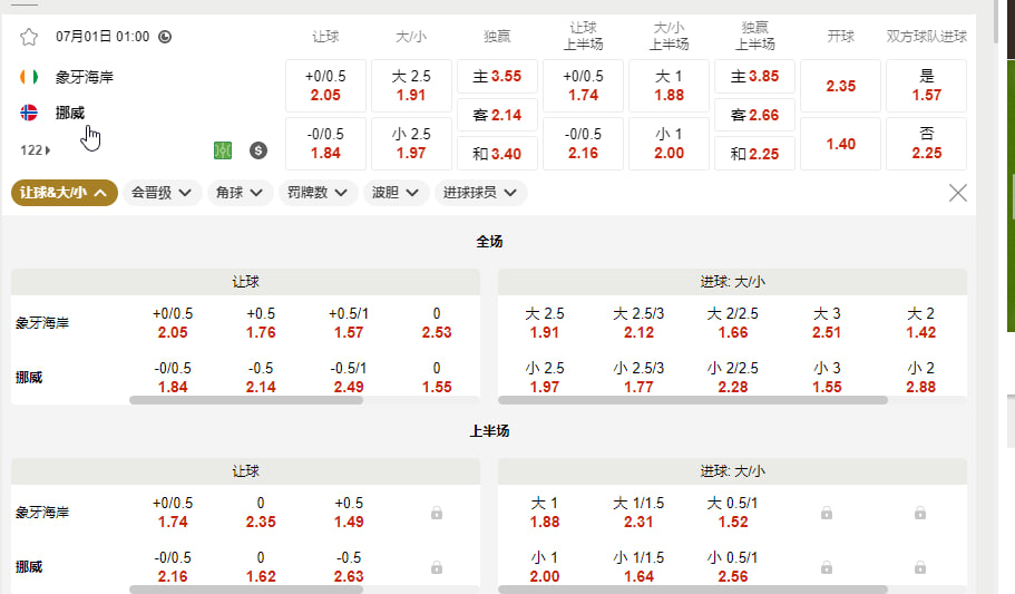 科特迪瓦 vs 挪威（32强淘汰赛北京时间 7 月 1 日（周三）凌晨 01:00）