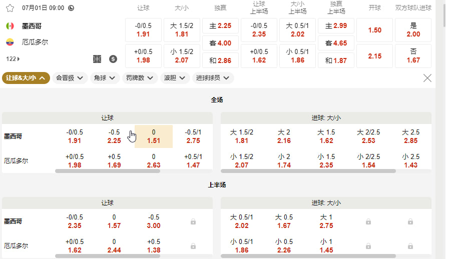 墨西哥 vs 厄瓜多尔（32强淘汰赛北京时间 7 月 1 日（周三）上午 09:00）