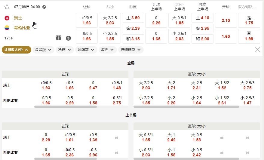 瑞士 vs 哥伦比亚（北京时间 7月8号   04:00   1/8 决赛）