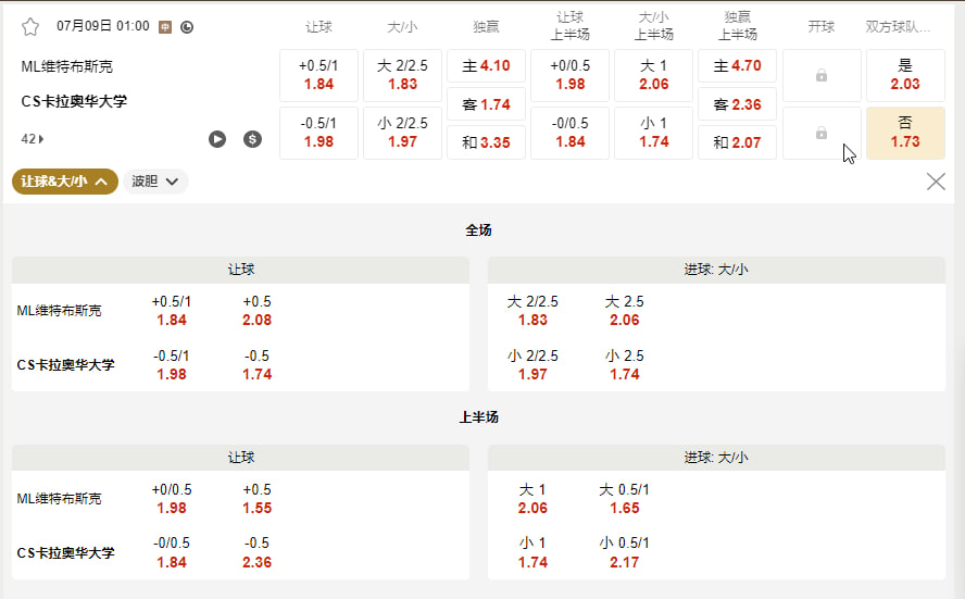 ML维特布斯克 (Maxline Vitebsk) vs CS卡拉奥华大学 (Universitatea Craiova) 2026/27赛季欧冠联赛外围赛第一圈2026年7月9日 01:00（