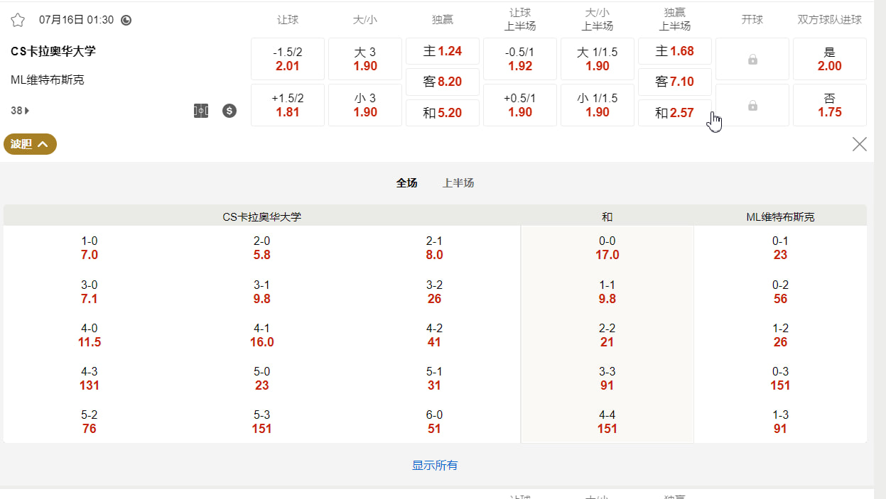 欧洲冠军联赛外围赛   7月16日 01:30 CS卡拉奥华大学 vs ML维特布斯克